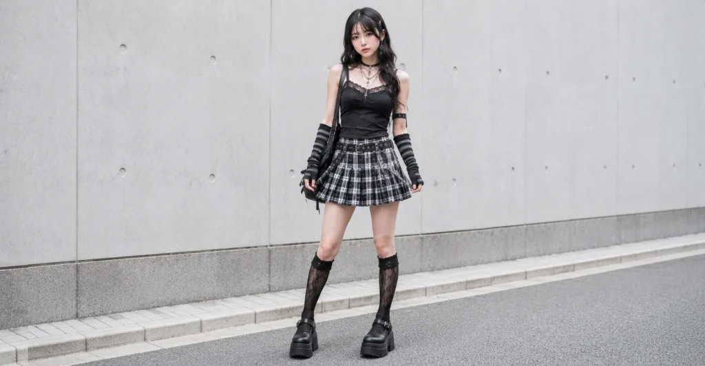 Y2K mall goth Misa Amane outfits with plaid skirts and alternative fashion accessories.