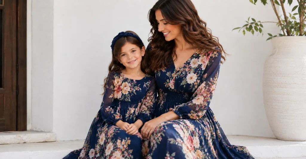 Mother and daughter wearing matching floral mommy and me dresses for a family photoshoot.