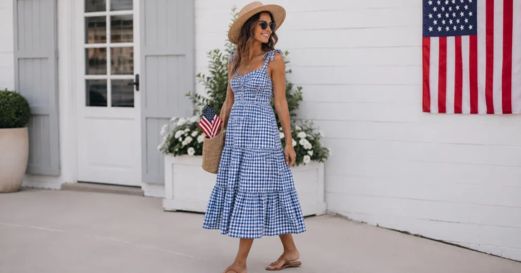 4th of July outfits featuring a stylish gingham sundress for summer parades.