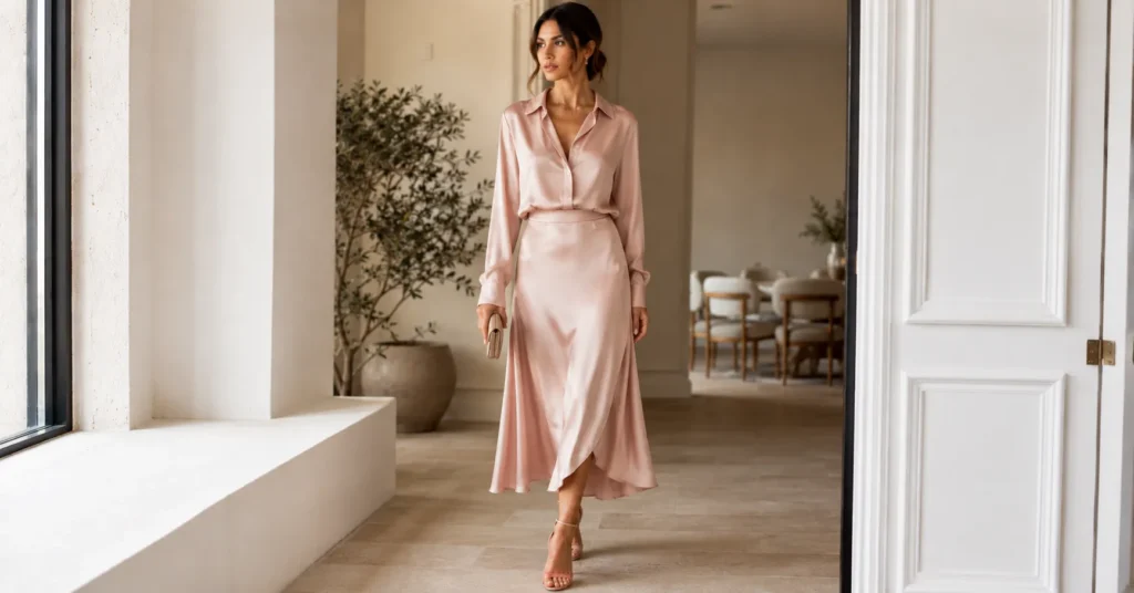 Modern silk outfits for weddings with matching silk blouse and midi skirt for elegant guest fashion.