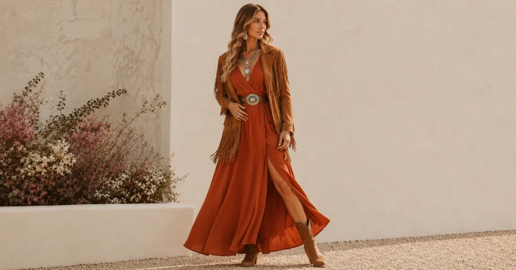 Vintage boho chic style with wrap maxi dress, fringed suede jacket, and layered jewelry.
