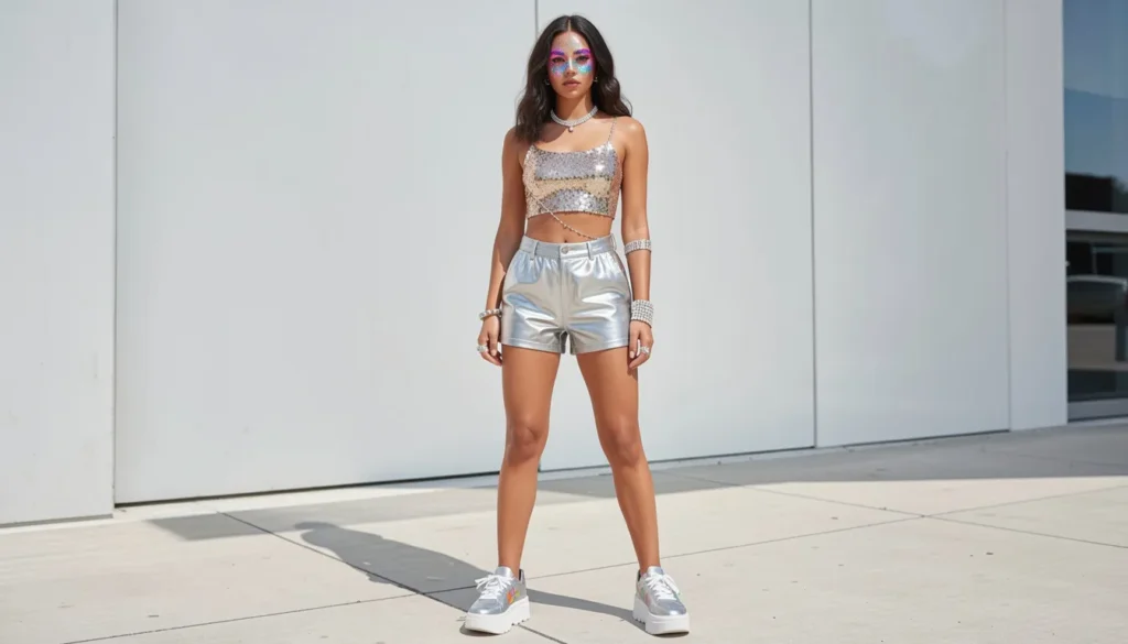 Kesha concert outfit ideas with sequin crop top and metallic festival-inspired fashion.