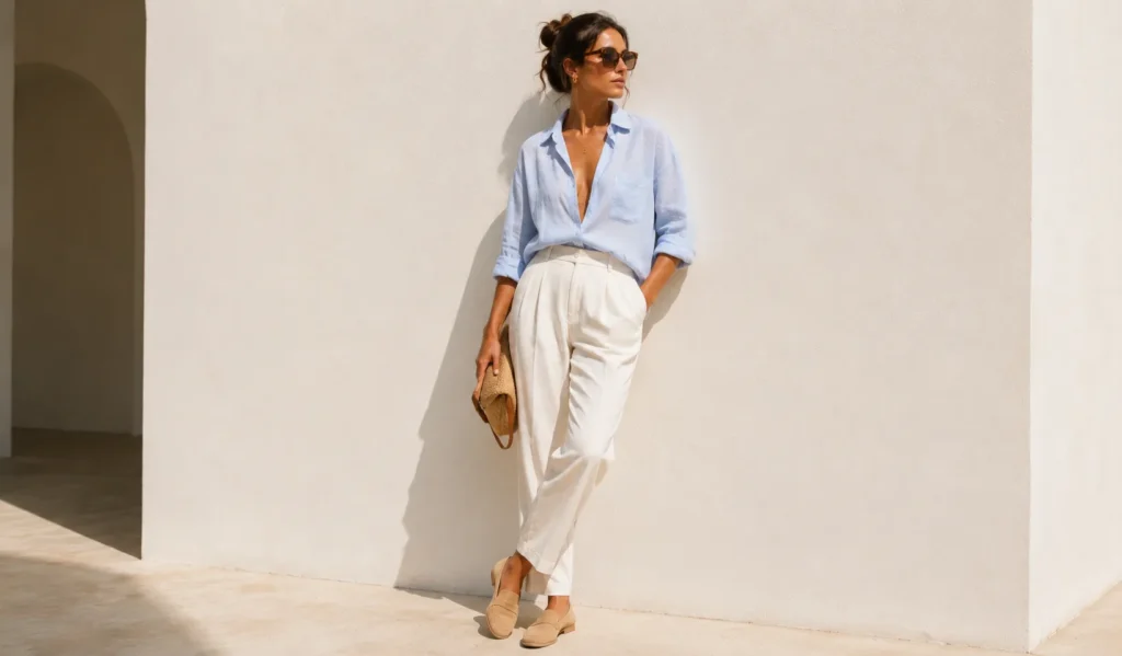 Masc summer fits inspired women’s smart-casual linen outfit for summer evenings.