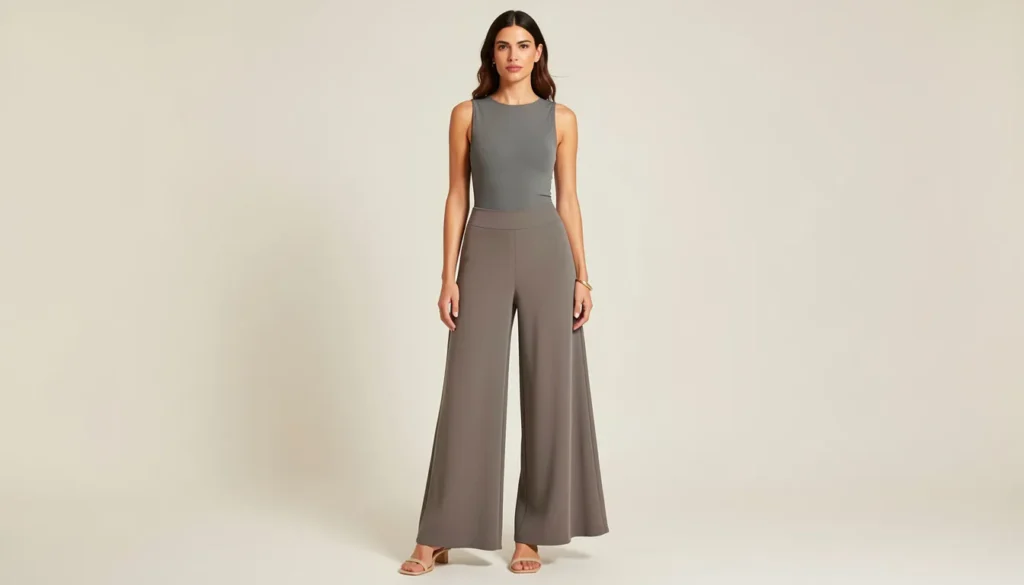 Mid size summer outfits with wide-leg trousers and fitted bodysuit styling.