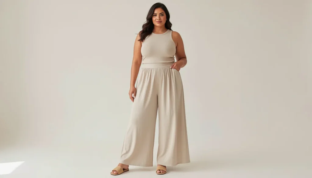 Plus size summer outfits with wide-leg palazzo pants and fitted tank top styling.