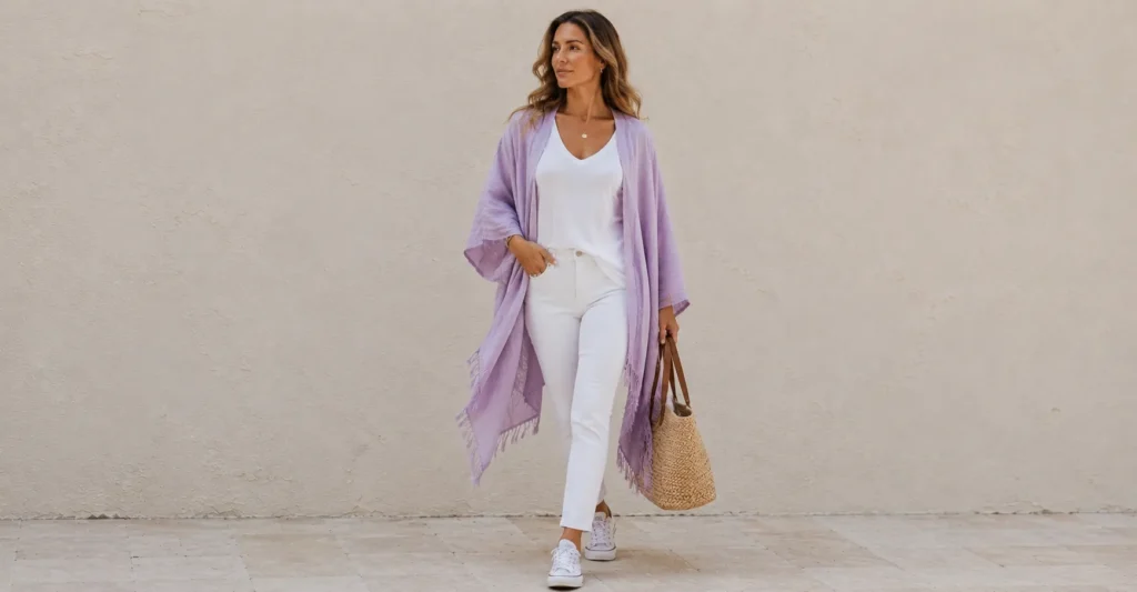 Summer poncho outfit featuring a pastel linen poncho styled with white jeans for casual weekends.