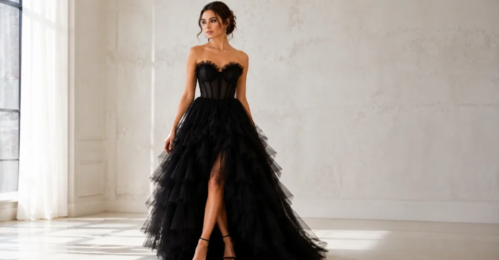 Black corset tulle dress styled for modern editorial fashion photography.