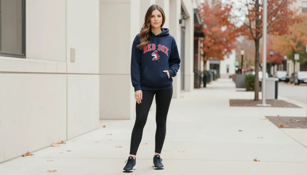 Female Red Sox outfit featuring cozy hoodie and leggings for casual baseball style.