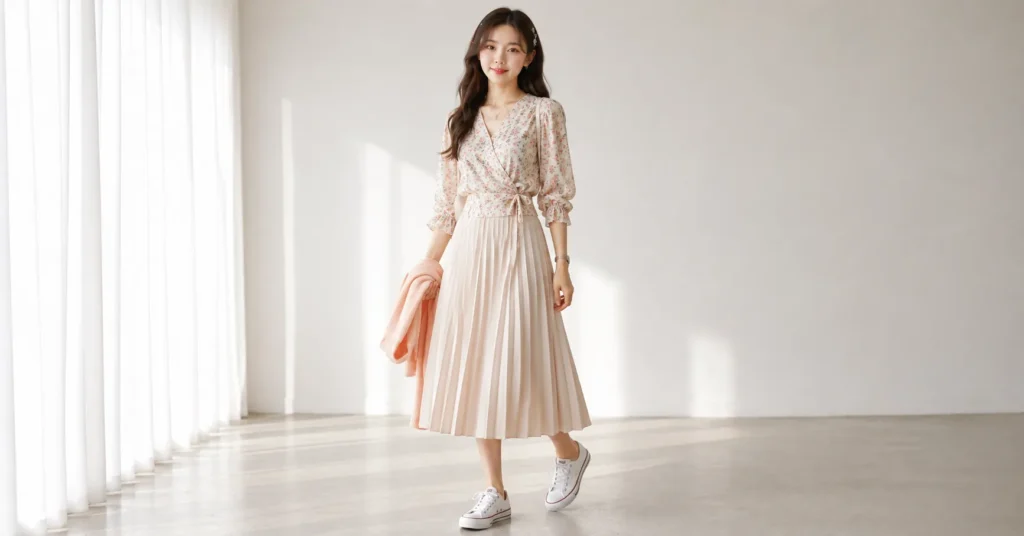 Spring Arirang concert outfit with pleated skirt and floral wrap blouse