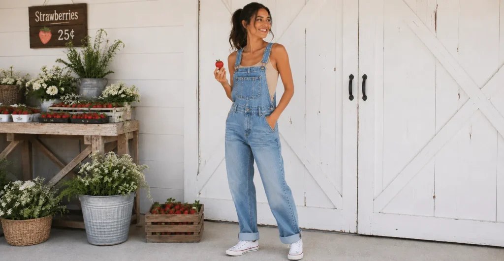 Strawberry picking outfit with relaxed denim overalls and sneakers for practical farm fashion.