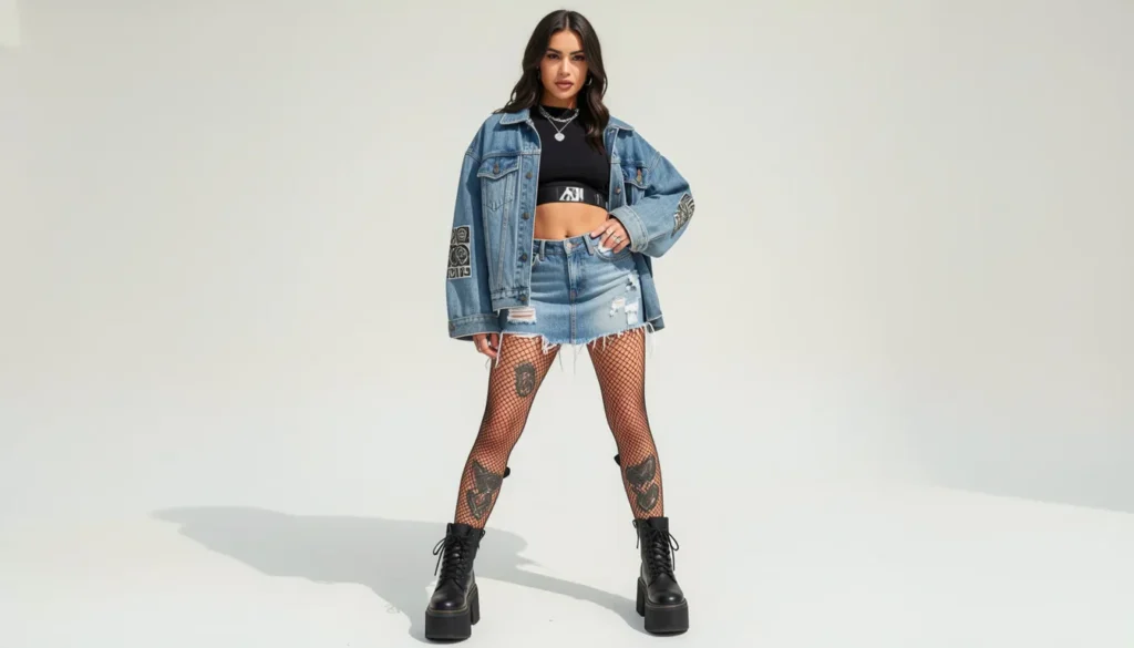 Female Don Toliver concert outfit with distressed denim skirt and edgy streetwear styling.