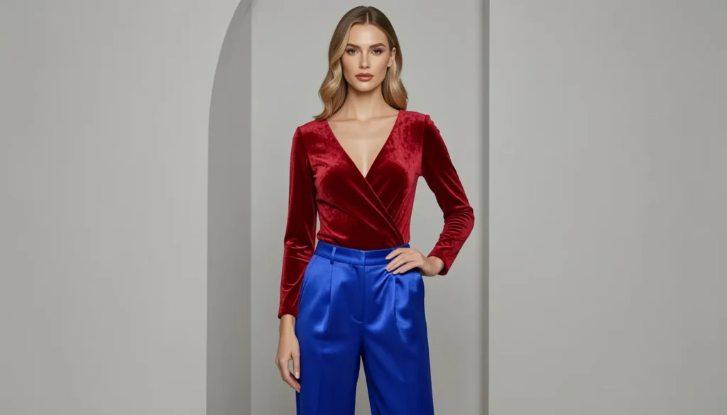 Why the Gwyneth Paltrow Red Blue Outfit Remains a Fashion Icon 5 Gwyneth Paltrow red blue outfit featuring velvet red top and blue satin trousers for evening elegance.