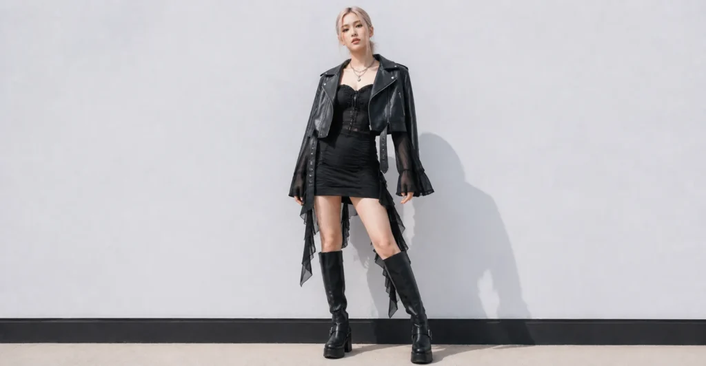 Rosé-inspired Blackpink concert outfit ideas with black mini dress and knee-high boots