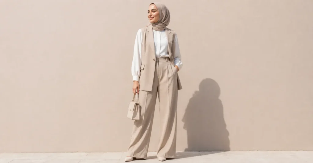 Modest summer outfit ideas for office wear with wide-leg trousers and breathable layers