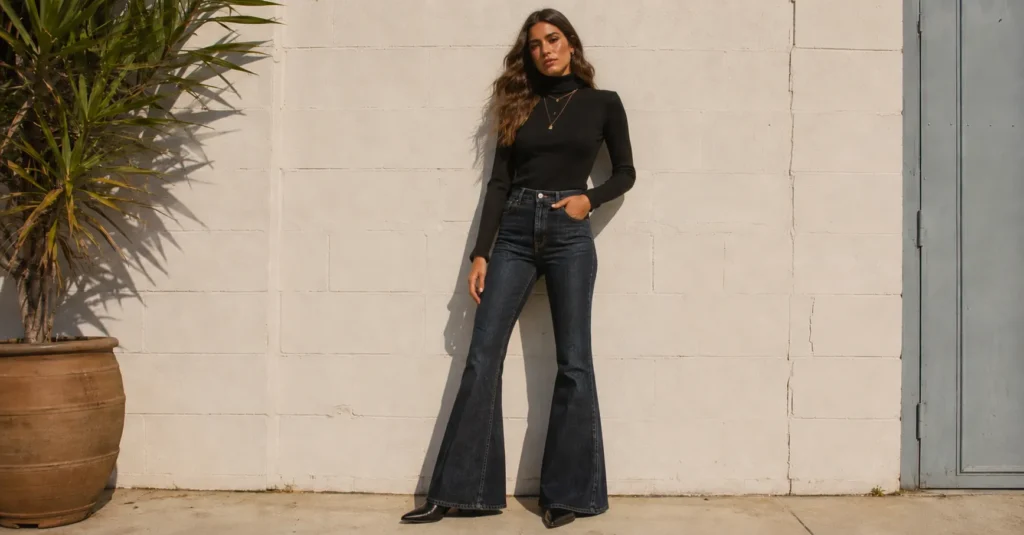 The Best Bell Bottom Jeans Outfit Ideas for Every Occasion 8 Bell bottom jeans outfit ideas featuring a chic turtleneck and flared denim combination.