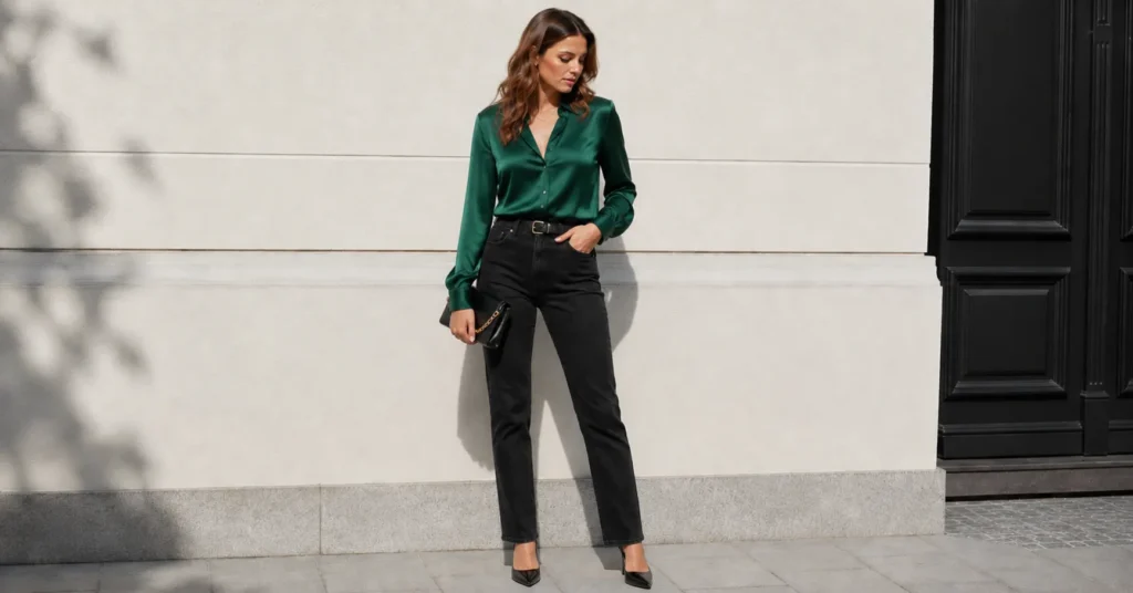 The Complete Guide to Black Jeans Outfit Ideas for Any Occasion 6 Black jeans outfit ideas featuring elegant silk blouse and dark denim styling.