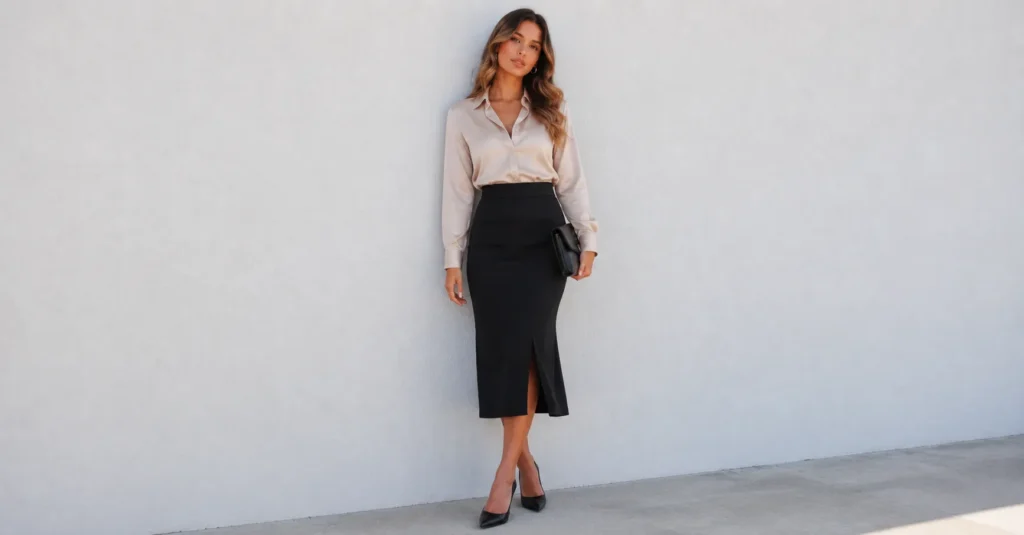 The Complete Guide to Black Skirt Outfit Ideas for Any Occasion 5 Black skirt outfit ideas for elegant office and business casual fashion styling.