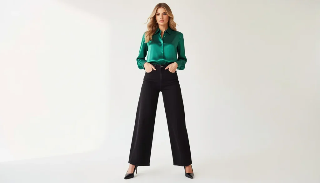 Black wide leg jeans outfit ideas featuring elegant silk blouse and sophisticated styling.