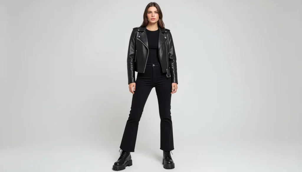 Bootcut jeans outfit ideas with edgy leather jacket and monochrome streetwear fashion.
