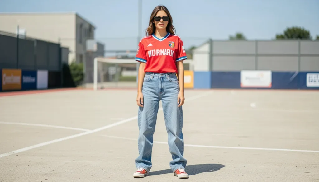 Jersey outfit ideas women can wear inspired by trendy blokecore soccer fashion.