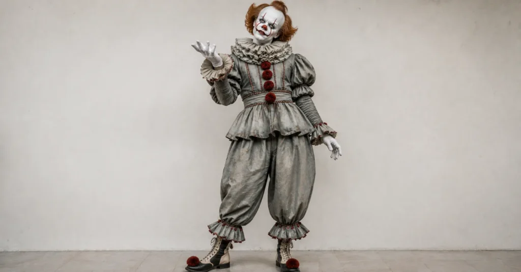 Scary vintage circus clown outfit with Victorian-inspired styling for clown outfit ideas inspiration.