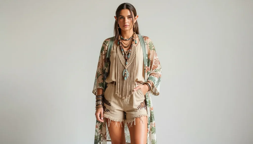 Festival-inspired elf fantasy modern tribe outfit ideas with bohemian layers and tribal accessories.
