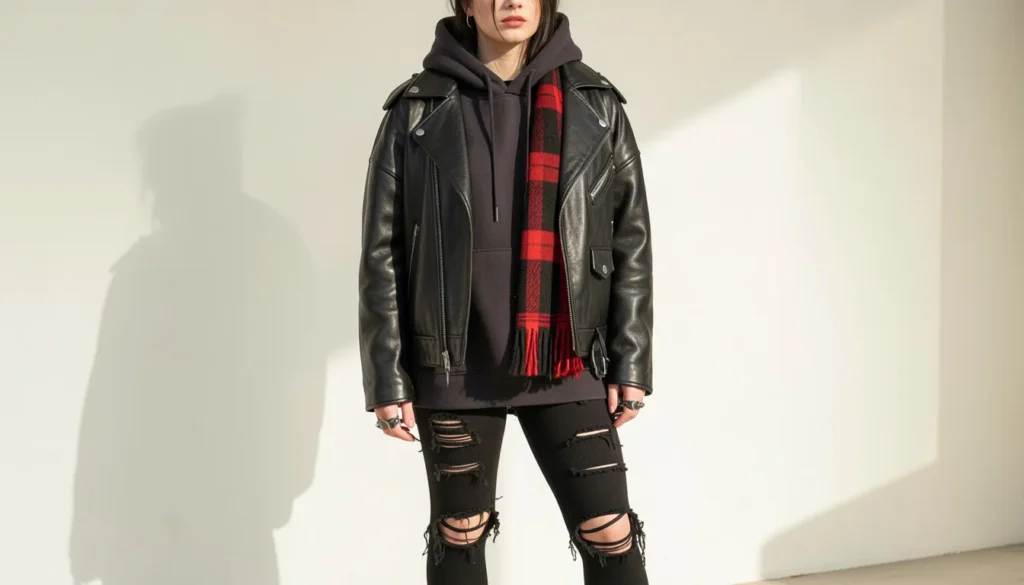 Layered winter emo outfit with leather jacket and plaid scarf for emo outfit ideas inspiration.