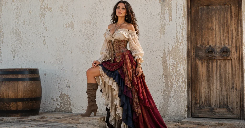 Romantic female pirate outfit ideas with layered skirts and lace blouse.