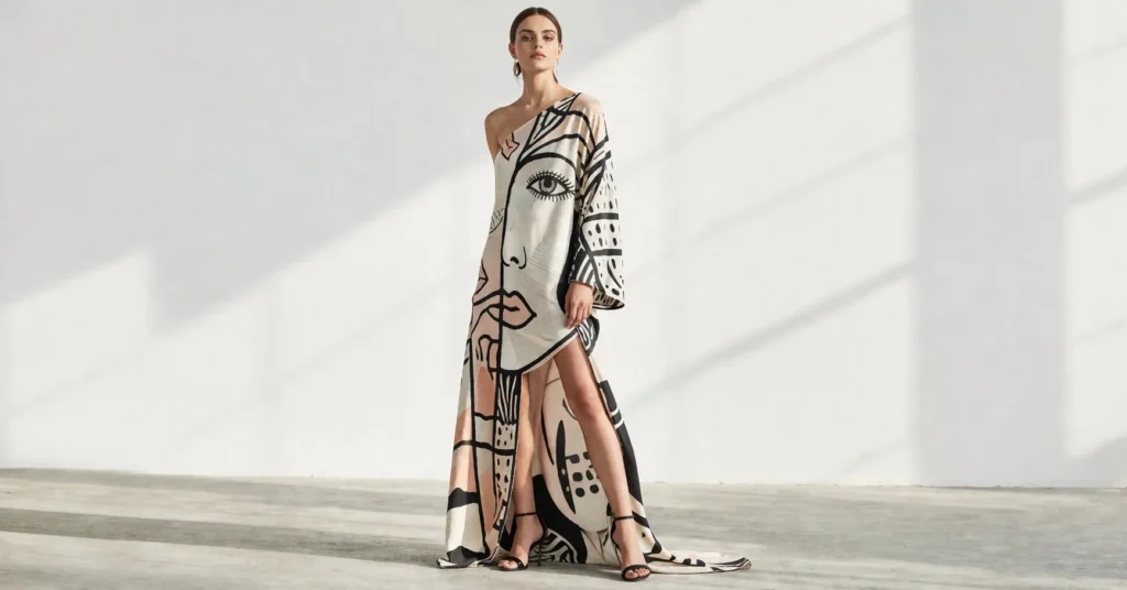 Carrie Bradshaw outfits inspired statement print dress with bold fashion styling