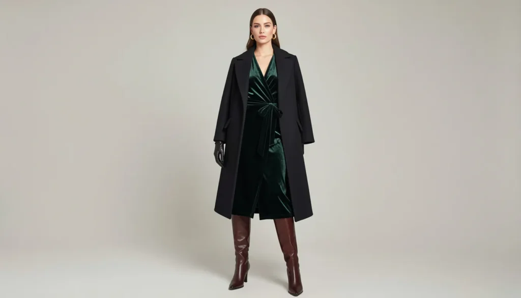 Luxurious winter high tea outfit ideas with velvet dress and tailored coat.