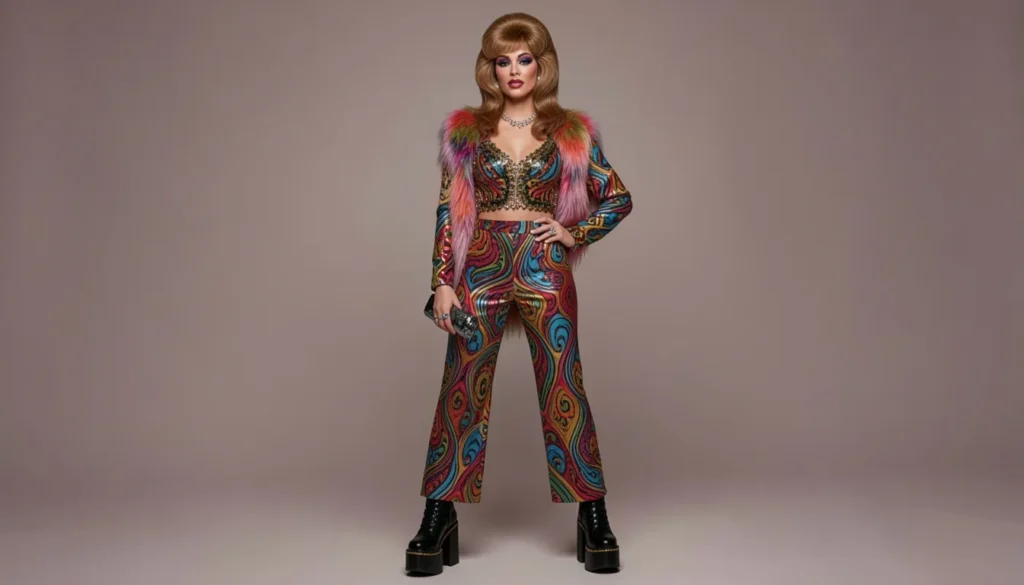 Colorful hippie outfit ideas with psychedelic wide-leg pants and platform boots.