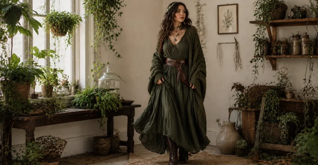 The Guide to Witch Outfit Ideas: Enchanting Styles for Every Occasion 7 Green witch outfit ideas inspired by nature with linen clothing and earthy accessories.
