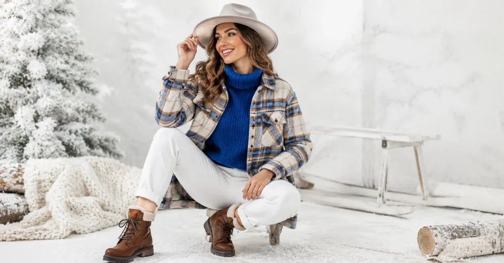 Stunning Winter Wonderland Outfit Ideas to Keep You Warm and Chic 7 Winter wonderland outfit ideas with colorful knit sweater and stylish plaid shacket.