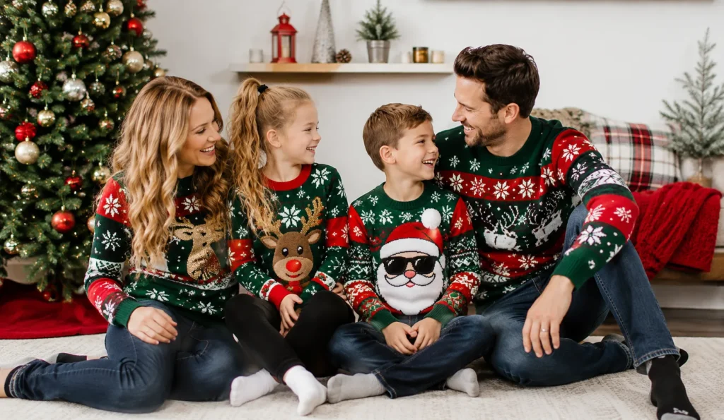 Fun family christmas outfit ideas featuring colorful ugly Christmas sweaters and festive holiday outfits.