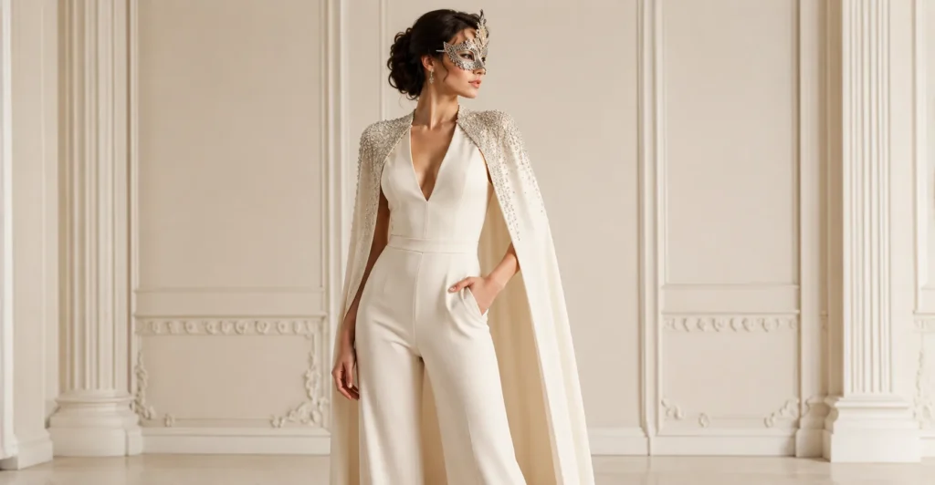 Masked ball outfit ideas with elegant evening jumpsuit and crystal masquerade accessories.