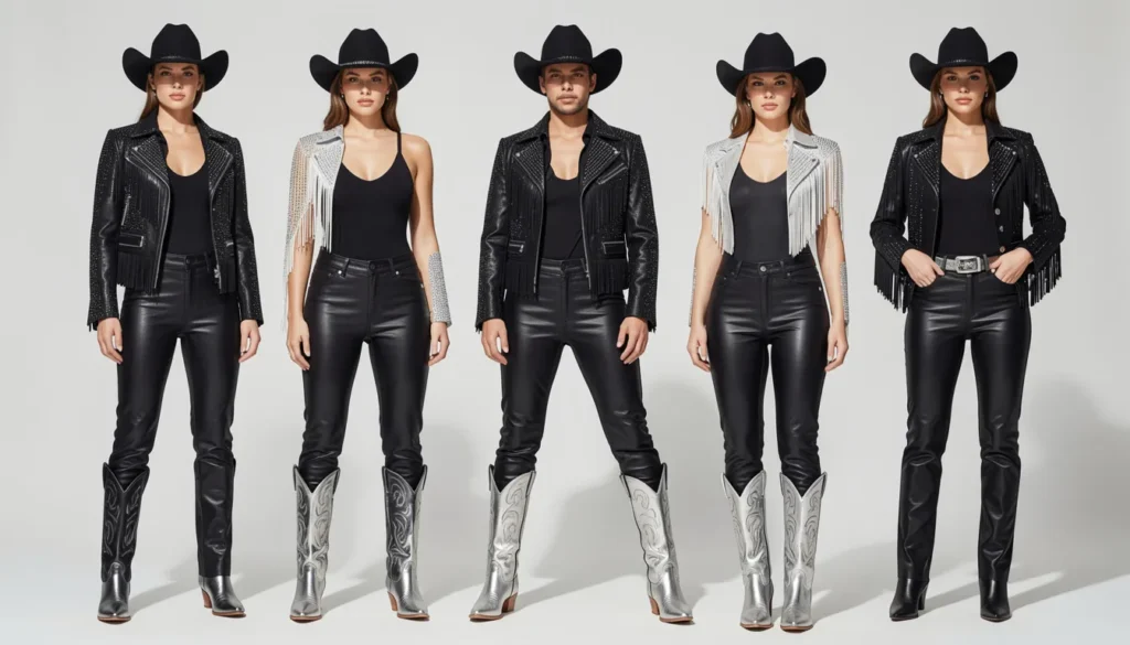 The Guide to Rodeo Outfit Ideas: Style, Comfort, and Tradition 5 Glam rodeo outfit ideas with rhinestone fringe jacket and metallic cowboy boots.