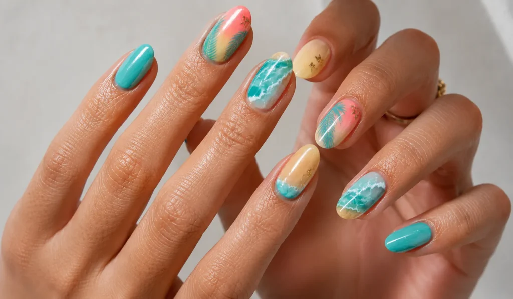 The Complete Guide to Colorful Nail Designs in 2026 3 Colorful nail designs with glossy beach nails and ocean-inspired summer manicure