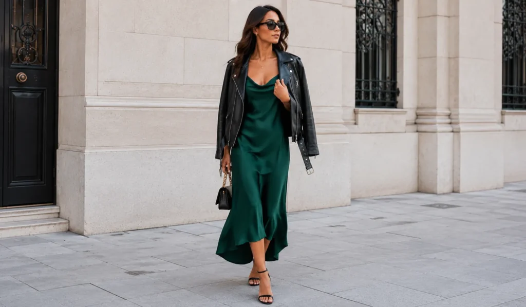 The Complete Guide to Green Outfit Ideas: Style Tips for Every Shade 5 Green outfit ideas with emerald silk dress and leather jacket for date night