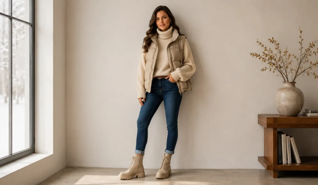 Winter all vest outfits for women with a neutral puffer vest and chunky turtleneck sweater
