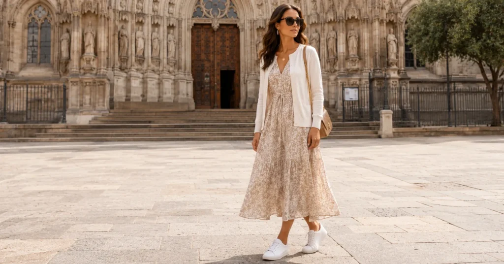 The Complete Guide to Creating the Perfect Barcelona Outfit for Any Season 7 Barcelona outfit for Sagrada Familia with midi dress and cardigan