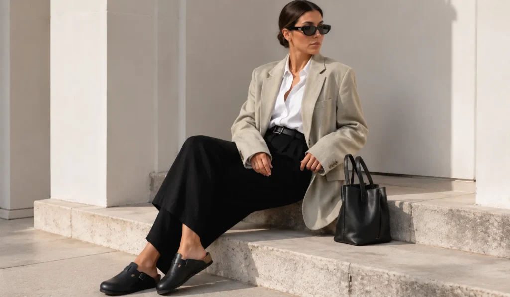 The Complete Guide to Styling a Birkenstock Clog Outfit for Every Season 5 Smart casual Birkenstock clog outfit with blazer and wide-leg trousers