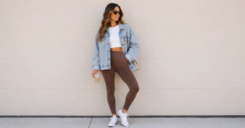 The Complete Guide to Building a Stylish Brown Leggings Outfit 6 Spring brown leggings outfit with denim jacket and white sneakers