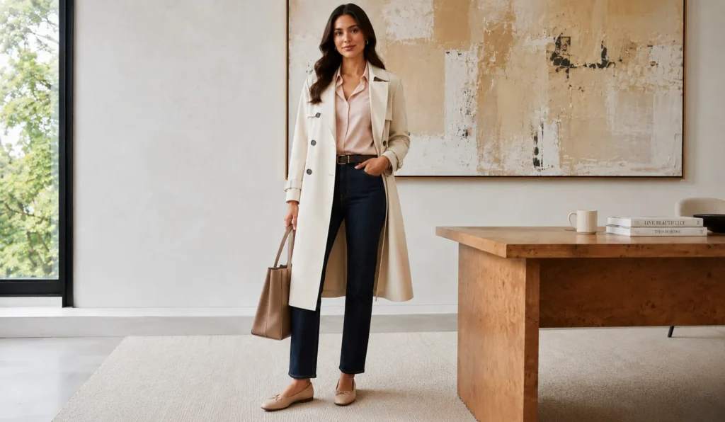 The Complete Guide to Perfect Casual Friday Outfits for the Office 7 Spring casual Friday outfit with trench coat and ballet flats