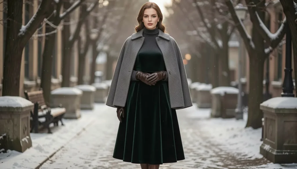 The Guide to Crafting a Demure Winter Outfit: Elegance in the Cold 3 Romantic demure winter outfit with wool cape and velvet skirt