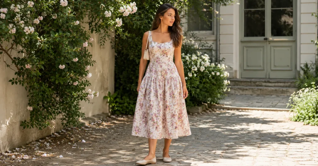 Spring drop waist outfit ideas with floral midi dress and feminine styling