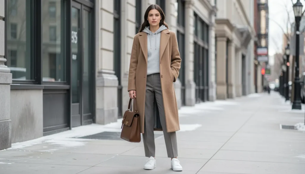 Street Style Outfit Ideas: How to Build Chic, Wearable Looks Year-Round 6 Winter street style outfit ideas featuring wool coat layering with hoodie and sneakers for chic cold weather fashion
