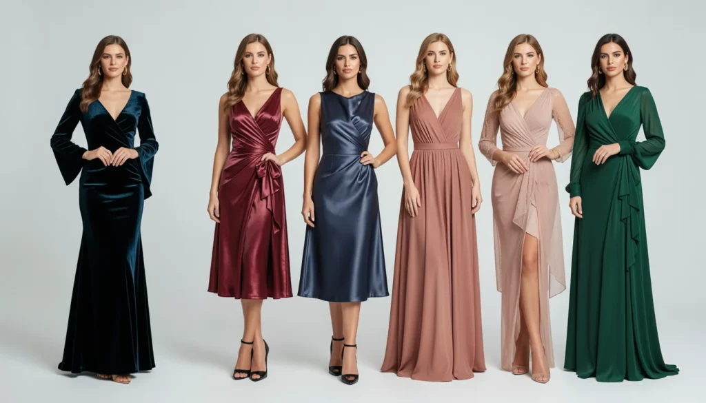 Seasonal cocktail clothes for women featuring velvet, satin, chiffon, and crepe dresses.