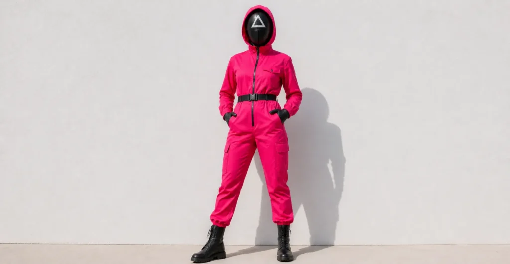 Squid Game outfit inspired female geometric mask uniform look