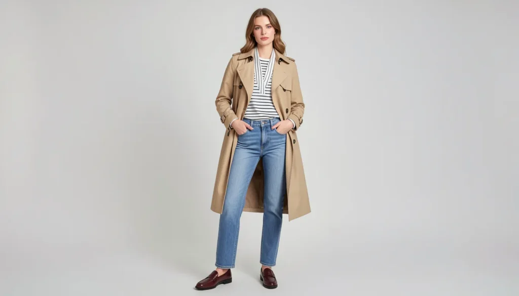 Cool outfits for spring featuring a trench coat, jeans, and classic loafers.