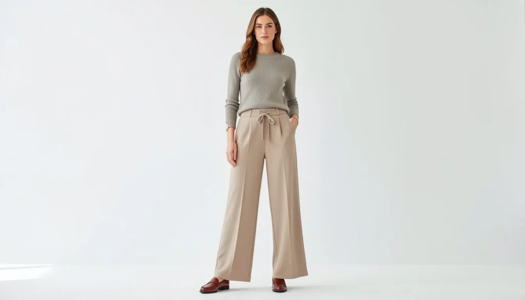 Drawstring pants for women featuring a wide-leg silhouette styled for a polished look.